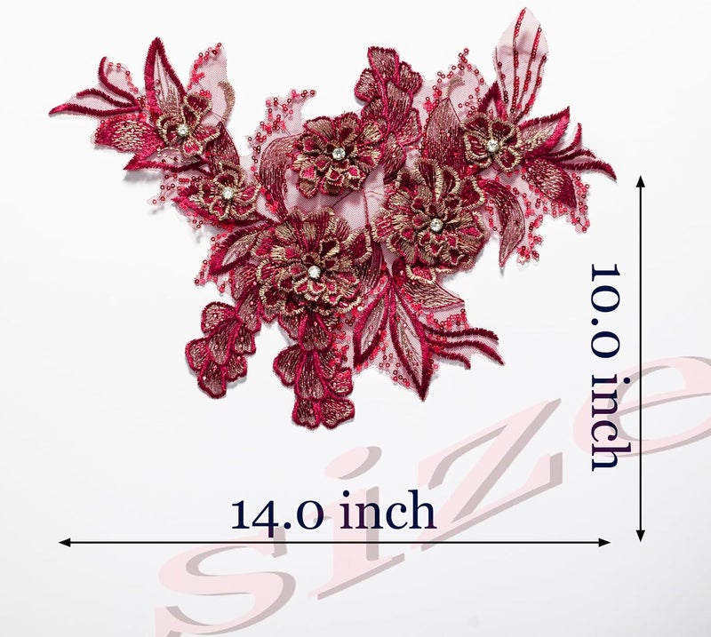 Silvora 3D Embroidered Flower Fabric Beaded Rhinestones Pearl Lace Applique, DIY Patches Accessory for Wedding Dresses，Neckline Bodice Pants(Red) - Image 2
